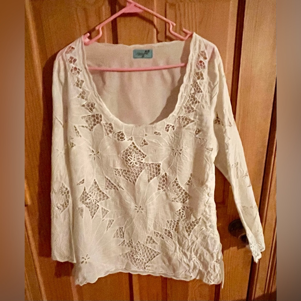 Letarte Vintage White Battenburg Lace Eyelet Tunic Beach Swim Cover Up M/L Boho